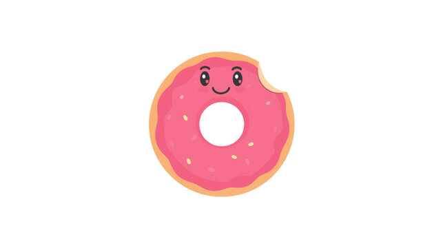 Happy Donut Bite: A cartoon donut with a cheerful face and a bite missing, frosted in vibrant pink with sprinkles, depicted on a clean white background.