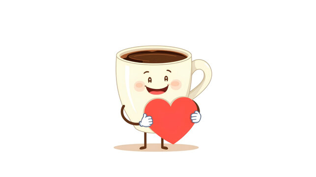 A Cup of Coffee with a Heart: A cheerful coffee cup character, with a smiling face and rosy cheeks, holds a red heart close. This whimsical illustration embodies warmth and affection.