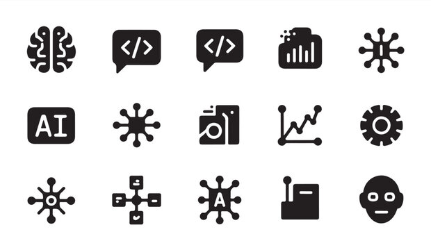 Modern ai and coding icon set for software development and data processing applications.