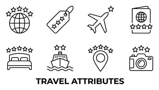 Travel attributes icons set for hotel booking app or travel agency website.