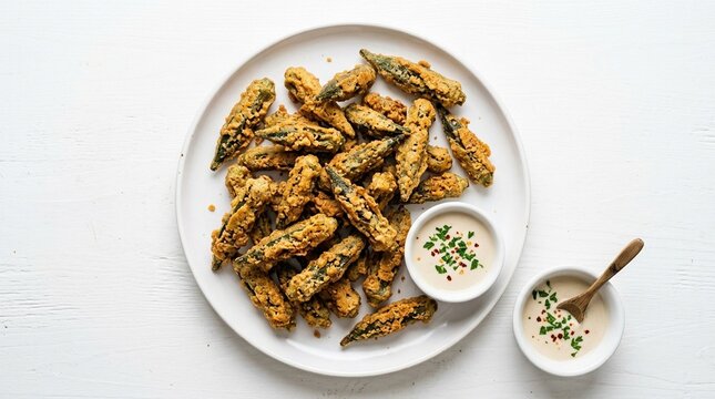 Crispy Fried Okra on White Plate &ndash; Golden Deep-Fried Vegetable Side Dish Middle Eastern Food Studio Shot