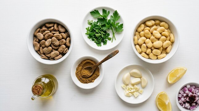 Ful Medames Ingredients Flat Lay &ndash; Dried Fava Beans Parsley Cumin Garlic White Ceramic Ramekins Overhead