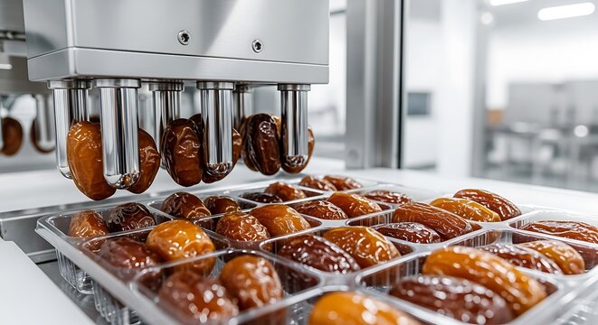 Automated food production line processing fresh dates into consumer-ready packaging for distribution