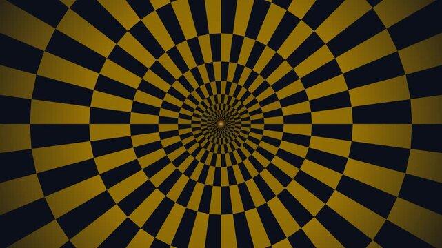 Vibrant black and gold optical yellow spiral pattern swirling inward 3D chequered opticalillusion