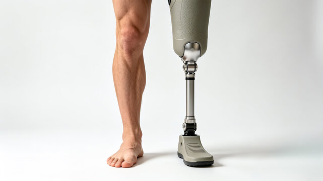 Front view of a man standing with a modern prosthetic leg against a white background.