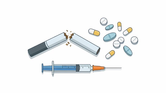 Illustration of broken cigarette with syringe and various medical pills representing addiction recovery and drug abuse concepts.