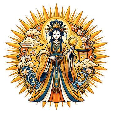 Amaterasu Japanese Sun Goddess Holding Mirror and Scepter.