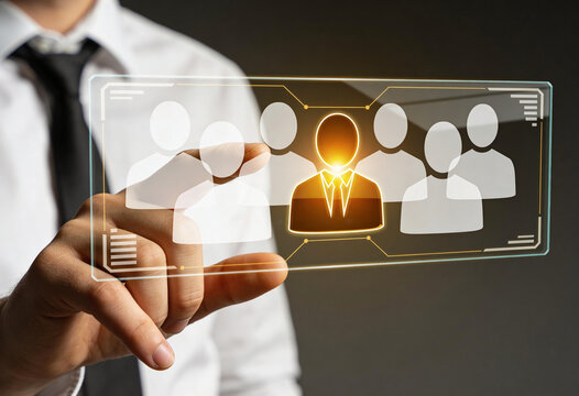 Selecting candidate on virtual screen, recruitment agency, corporate hr manager hiring talent, job search, executive headhunting concept, employee selection, human resources management.