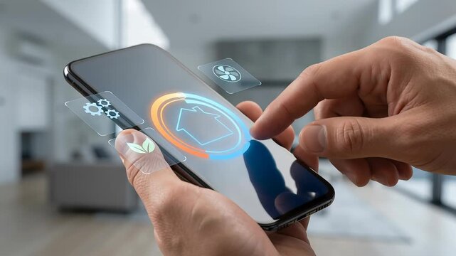 Smart home technology enables remote control of energy and security systems through iot devices with smartphone app and hand interaction for advanced home automation and safety management