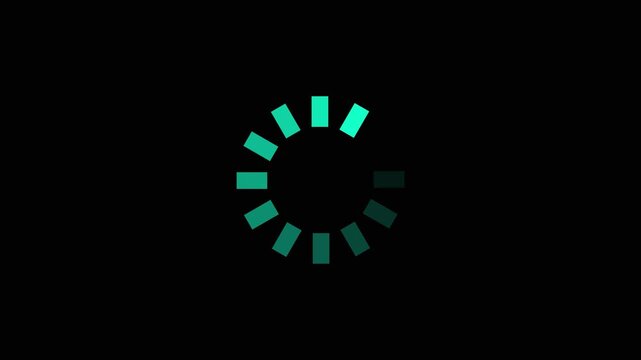 Loading animation green rectangles rotating around circle on black background rotating circle progress bar.