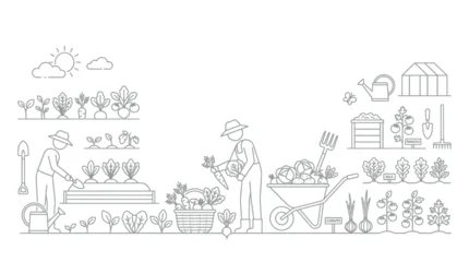Gardinen Bauernhof A charming line art illustration depicting a vibrant garden scene with people tending to crops and harvesting vegetables  © Puja