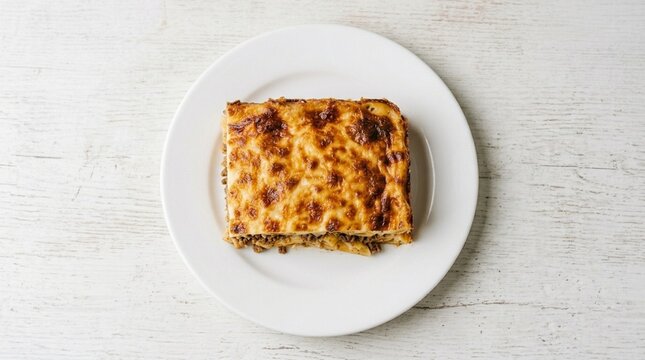 Macarona bil Bechamel Egyptian Baked Pasta Slice on White Plate &ndash; Golden Bechamel Crust Top Layer Studio
