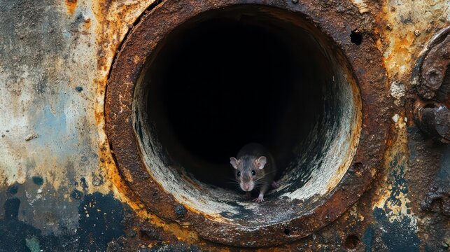 Closeup of a rat inside a rusty sewer pipe; rat looking out of a drain in the sewerage system. Rodent problem in the canalization system, unsanitary concept.
