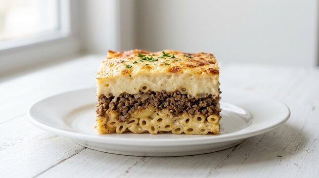 Macarona bil Bechamel Cross-Section Showing Pasta Meat Bechamel Layers &ndash; Egyptian Baked Dish White Plate