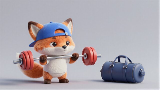 Adorable fox in blue cap lifts barbell, beside gym bag on minimalist studio floor.