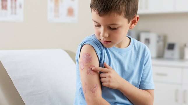 Concerned Young Boy Points to a Skin Rash or Allergic Reaction on His Arm in a Doctor's Office Setting