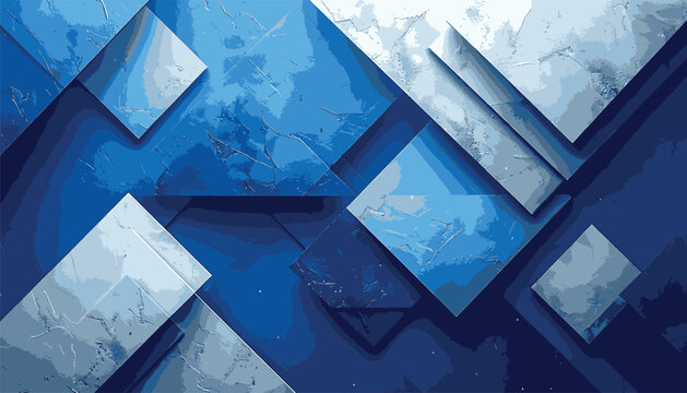 modern abstract blue background design with layers of textured white transparent material in triangle diamond and squares shapes in random geometric pattern