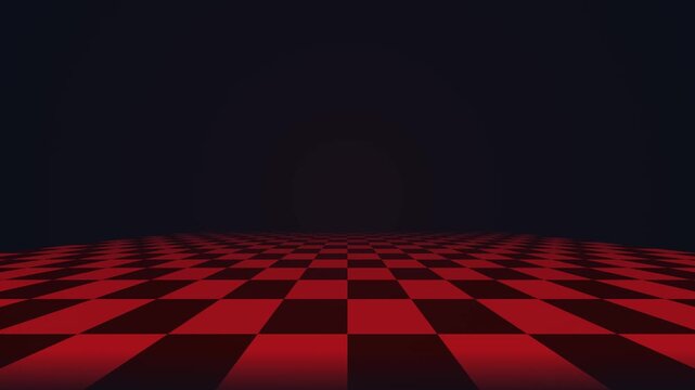 A dark room with a vibrant red and black checkerboard floor stretches out