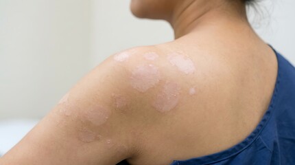 Fototapeta premium Close-up of a person's shoulder and upper back revealing multiple light, irregular skin patches, indicative of a dermatological condition or hypopi...