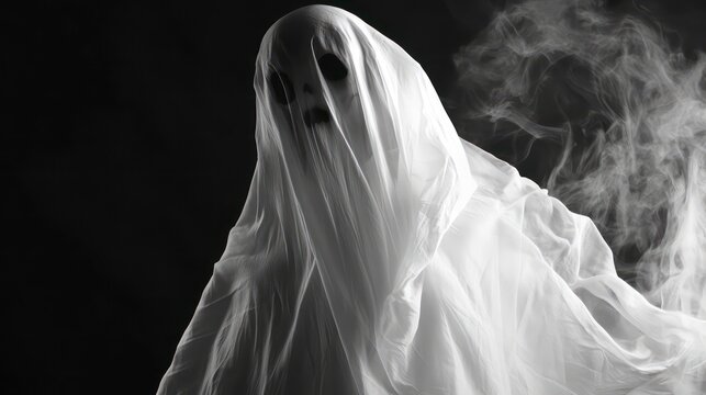 Closeup of a scary white ghost with smoke and white sheet on a black background with copy space.