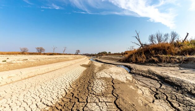 Cracked Earth Dry Riverbed Under Vast Blue Sky.