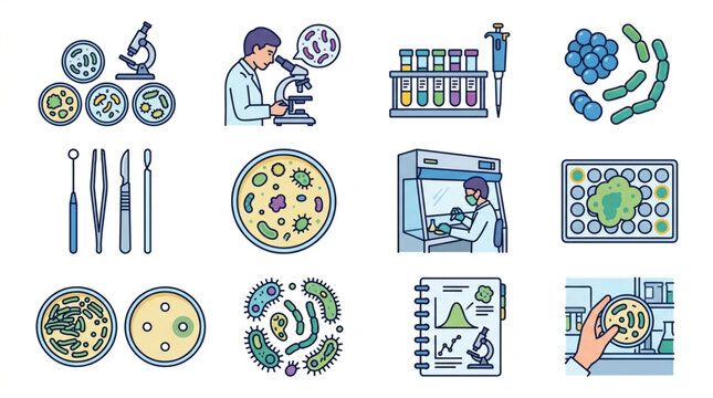 Microbiology laboratory research and scientific discovery illustrations.