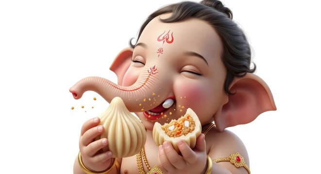 Cute baby ganesha eating modak isolated on white background