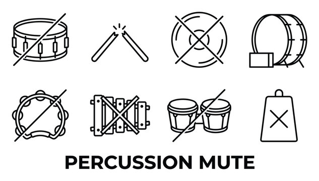 Percussion mute icons set with drum cymbal snare and xylophone for silent music performance.