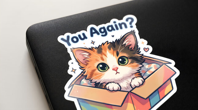 Cute calico cat in a colorful box with a humorous expression sticker on laptop