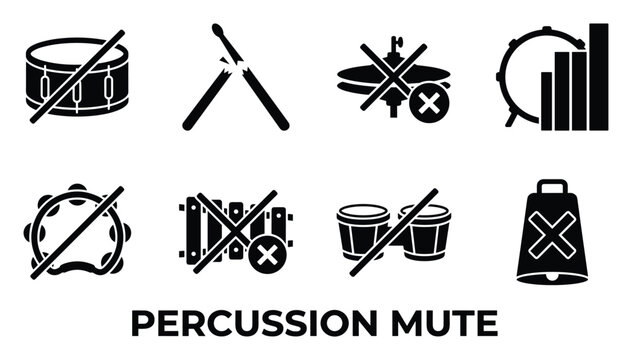 Percussion mute icons solid fill set drum cymbal snare and xylophone for silent music performance.