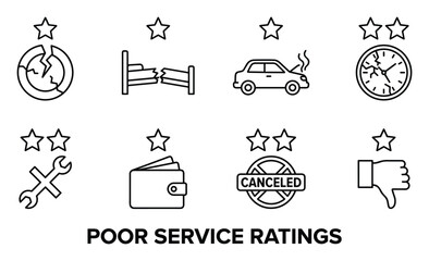 Fototapeta premium Poor service ratings with stars on broken clock car bed wallet cancelled wrench thumbs down.