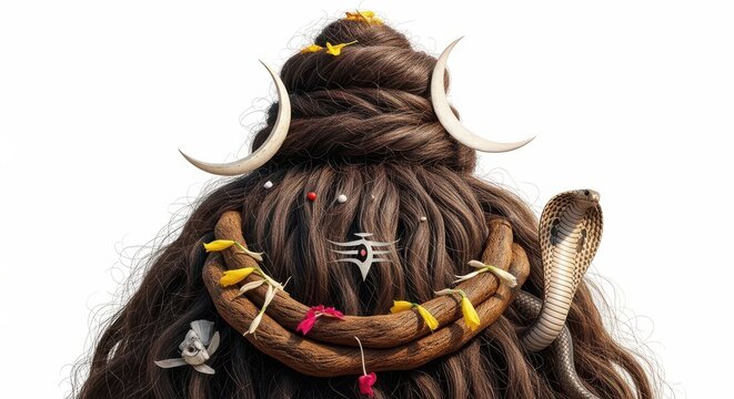 Shiva hair with moon and cobra isolated on white background