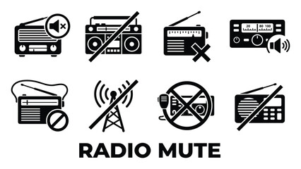 Fototapeta premium Radio mute icons in black and white, symbolizing no audio output from radio devices and sound equipment.