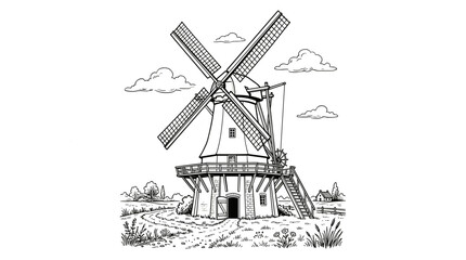 Obraz premium Intricate hand drawn illustration of a traditional windmill surrounded by fields and clouds in a vintage style