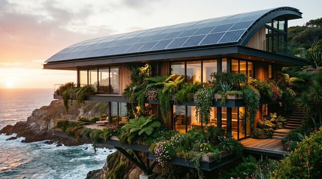 Sustainable cliffside eco-home with solar panels and lush greenery at sunset, modern architecture, eco-friendly house, tropical landscape, ocean views, renewable energy, environmentally frie