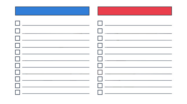 Flat vector illustration of two columns with blue and red checklists for task management and organization in digital design
