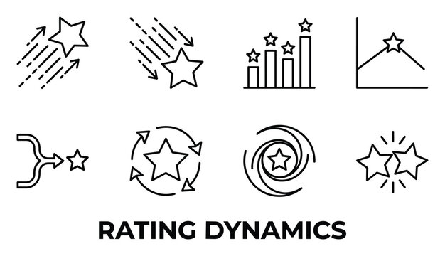 Rating dynamics and star evolution, showing changes in performance and trending charts, business growth.