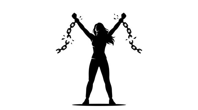Empowered woman breaking free from chains in a striking black silhouette against a clean white background