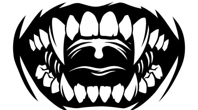 Dramatic close up of a stylized open mouth with sharp teeth and a sinister expression for graphic designs