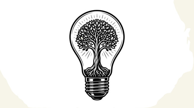 Intricate black and white vector illustration of a light bulb with a tree inside symbolizing nature and innovation in a minimalist style