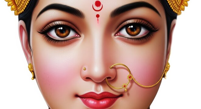 Indian goddess lakshmi face with bindi, isolated on white background