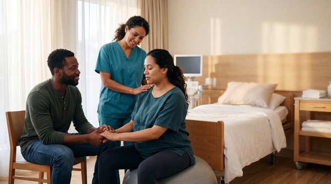 Supportive nurse and partner assisting a pregnant woman on a birthing ball in a maternity ward