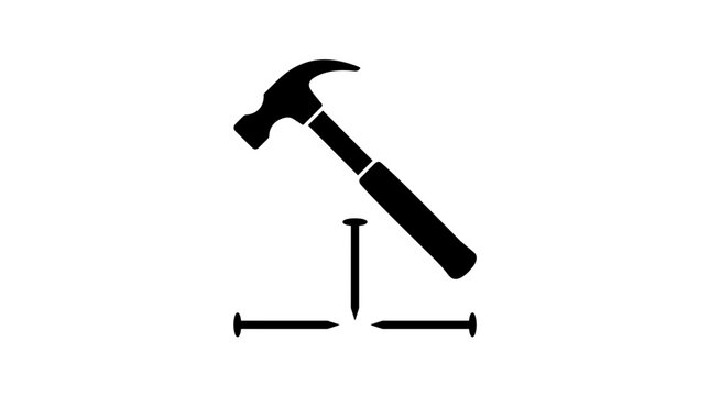 Black silhouette of a hammer and nails representing construction and repair work in graphic design