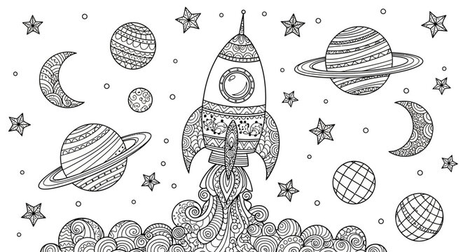 Detailed Zentangle style rocket launch with planets, stars, and moons, black and white space adventure coloring page illustration.
