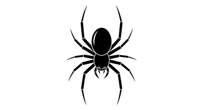 Black spider silhouette icon, creepy arachnid symbol isolated on white background for Halloween or horror designs.