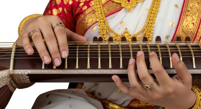 Indian Goddess Maa Saraswati playing veena, isolated on white background