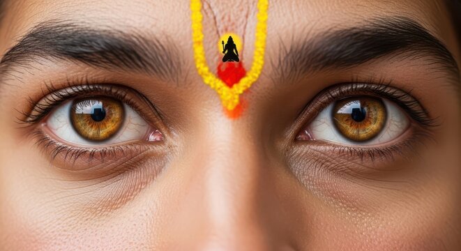Closeup of hanumans face with a religious marking on the forehead