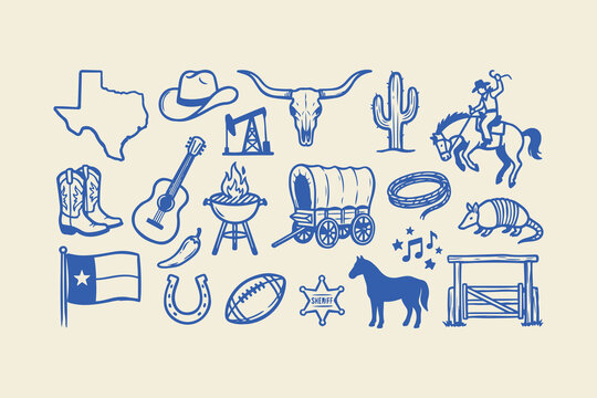 Set of texas theme hand drawn doodle icons featuring cowboy boots hat horse guitar and state map symbols Vector