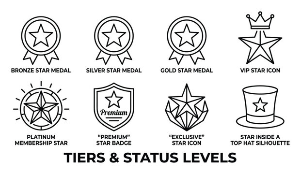 Tiers and status levels icons including bronze silver gold platinum vip premium exclusive medals.
