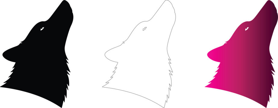 Howling wolf head silhouette set with black outline and gradient vector icons